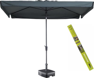 Parasol met voet en hoes Madison Delos Grijs 200 x 300 | Complete rechthoekige en kantelbare parasol voor de tuin | 100% polyester doek