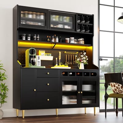 Keukenopslag Kast - Buffetkast Hoge Kast - Keuken Woonkamer - Geïntegreerde LED Verlichting - 145 x 39 x 171 cm