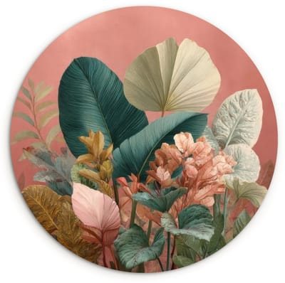 WallCircle® Wandcirkel 120x120 cm - Muurcirkel Tropische bladeren - Bloemen - Roze - groen - Muurdecoratie woonkamer - Wanddecoratie slaapkamer - Kamer decoratie accessoires - Ronde schilderijen XXL