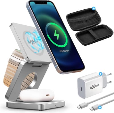 NexGen 3 in 1 Draadloze Oplader Bundel - 15W Snellader - Geschikt voor MagSafe - Apple Watch & AirPods Compatibel – Compatibel als iPhone Oplader / Oplader iPhone - Opvouwbaar Oplaadstation - Wireless Charger - Zilver