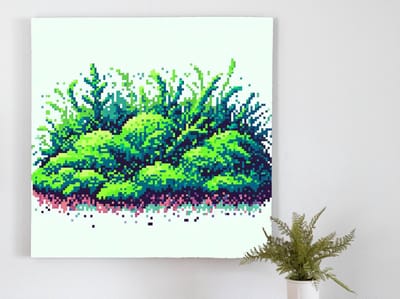 Pixel art mos schilderij | Geomorfologische betovering: een mozaïek van met mos bedekte pixels | Kunst - 60x60 centimeter op Dibond | Foto op Dibond