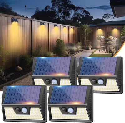 Zonne lampen voor buiten met bewegingssensor - 4 stuks waterdichte LED schijnwerper - 270° warm wit muur licht voor tuin of garage