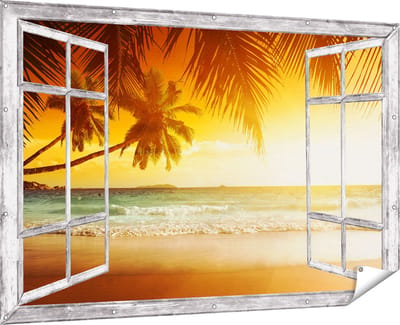 Gards Tuinposter Doorkijk Tropisch Strand tijdens Zonsondergang - 180x120 cm - Tuindoek - Tuindecoratie - Wanddecoratie buiten - Tuinschilderij