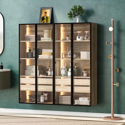 DESMIU Dressoir - Badkamerkast Set Van 2 Met LED Verlichting En Glazen Deuren - Wand Of Vrijstaand - MDF - 74x36x155 Cm - Naturel