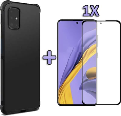 HB Hoesje Geschikt voor Samsung Galaxy A51 - Anti Shock Hybrid Back Cover + Volledige Glazen Screenprotector - Zwart