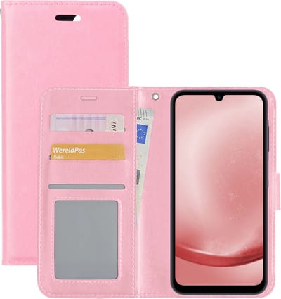 Hoesje - Met Pasjeshouder - Geschikt voor Samsung Galaxy A25 - Luxe Bookcase Portemonee - Flip Case - Kunstleer Book Case - Flipcase - Book Cover - Walletcase - Portemonneehoes - Lichtroze