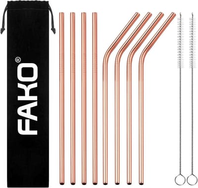 Fako Bijoux - RVS Rietjes - 8 Stuks - Recht & Gebogen - Herbruikbaar - 21 cm - 2 Schoonmaakborsteltjes - Rosé Goud - Rosé Goudkleurig