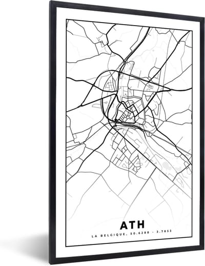 Fotolijst incl. Poster Zwart Wit- België – Ath – Stadskaart – Kaart – Zwart Wit – Plattegrond - 40x60 cm - Posterlijst