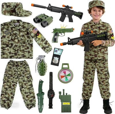 Kinderen Militair Kostuum met Camouflage Hoed, Walkie Talkie en Submachine Gun voor Jongens en Meisjes - Perfect voor Cosplay en Verkleedfeestjes