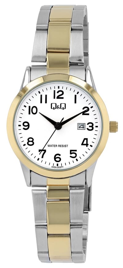 Q&Q-dameshorloge-bicolor-model a45a-003py-Datum-3 atm waterdicht-goud/zilverkleurig-duidelijke wijzerplaat-diameter 30 mm