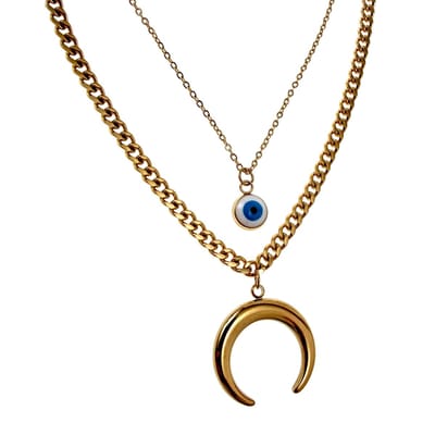 41cm tot 46cm Gelaagde Ketting Dames - Verguld RVS - Dubbele Ketting met Halve Maan en Turks Oog - Verstelbaar