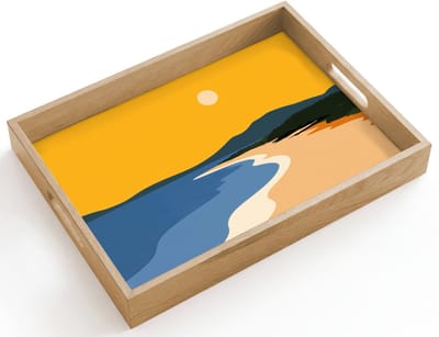 Dienblad hout 40x30 cm - Schootdienblad - Kustlijn - Oranje lucht - Begroeiing - Borrelplank rechthoek - Plateau dienbladen