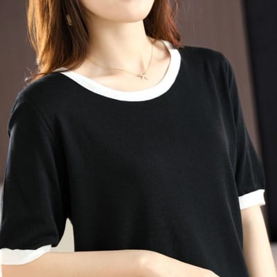 Kleurblok Gebreide T-shirt met Korte Mouwen Zomer Nieuw Los en Veelzijdig Buitenlandse Stijl Dun Basis T-shirt Top L gray