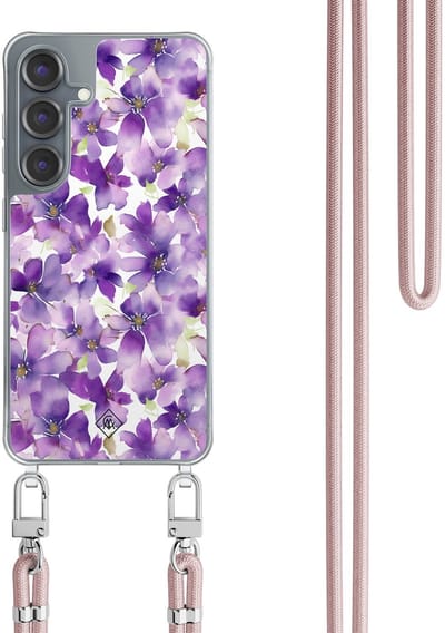 Casimoda® hoesje met koord - Geschikt voor Samsung S25 - Floral Violet - Afneembaar koord - TPU/polycarbonaat - Paars