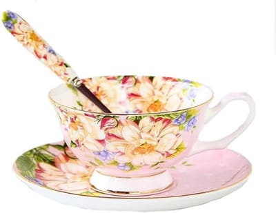 Porseleinen Theeset met Schotel en Lepel - Vintage Roze Cadeauset met Gouden Accenten
