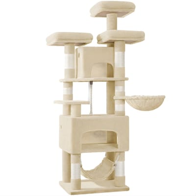 Krabpaal XL – Voor Binnenkatten – Kattenboom met 3 Platforms, 2 Grotten, 7 Krabpalen en Hangmat – Beige