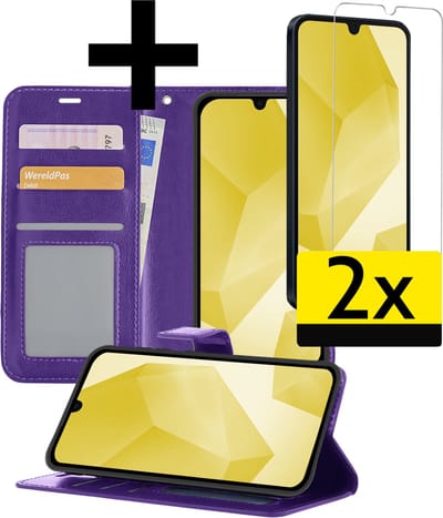 Hoesje - Met 2x Screenprotector - Geschikt voor Samsung Galaxy A16 - Luxe Pasjeshouder - Bookcase Portemonee - Flip Case - Kunstleer Book Case - Flipcase Hoes - Book Cover - Walletcase - Portemonneehoes - Telefoonhoesjes - Paars