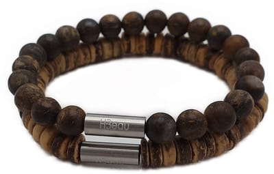 H-Beau - Duo – Cadeau - Set van 2 Handgemaakte Armbanden - Breedte: 8mm – Lengte: 20cm – Bruin - Beige - Mannen Armband - Natuurstenen - Natuurkralen - Bronziet – Kokos – Hout - Kralen - RVS Kraal – Mat – Heren – Unisex - Geschenk