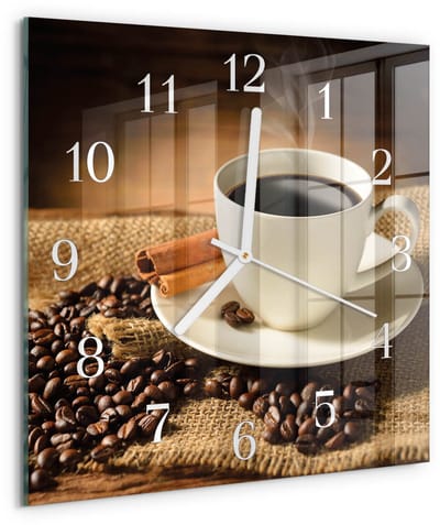 Tulup Wandklok - Koffie Moderne Glazen Wandklok - 30x30 cm - Bruin Wandklok Glas Met Motief - Witte Handen - Vierkante Wandklok - Decoratieve Glazen Klok - Glazen Wandklok Design