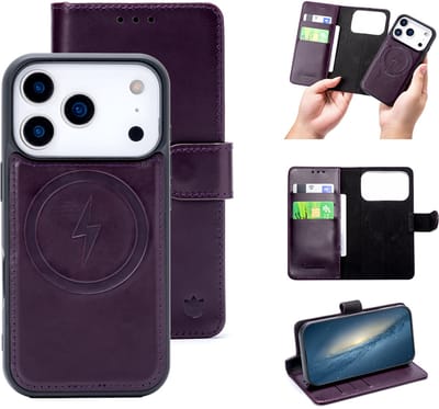 Casemania Echt Leren Hoesje Geschikt voor Apple iPhone 17 Pro - Dark Purple - Geschikt voor MagSafe - Leer 2 in 1 Magnetisch Afneembare Book Case - Portemonnee Telefoonhoesje met Pasjeshouder