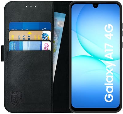 Rosso Deluxe Echt Leer Hoesje Geschikt voor Samsung Galaxy A17 | Ruimte voor drie pasjes | Portemonnee Book Case | Met Pasjeshouder | Zwart