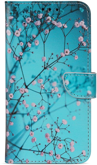 Multimedia & Accessoires Lederen Book Case Hoesje geschikt voor Apple iPhone 16e/iPhone 17e – Sierkers - Bloemen – Blauw -Telefoonhoesje – Met Stand – Kaarthouder – Pasjes Houder – Magneet Sluiting – Bookcase