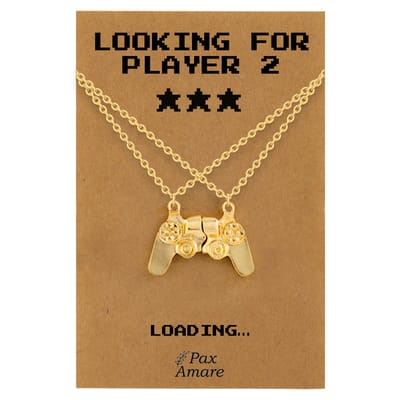 BFF Ketting voor 2 'Looking for Player 2' - Controller - Vriendschapsketting op Cadeau Kaartje - 45cm + 5cm verstelbaar - Goudkleurig - Best Friends Hanger - Pax Amare