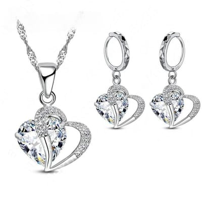 Parure de bijoux de mariée en argent sterling 925 avec pendentif en forme de cœur et cristal CZ, collier et boucles d'oreilles, pour femme, cadeau d'anniversaire de mariage white