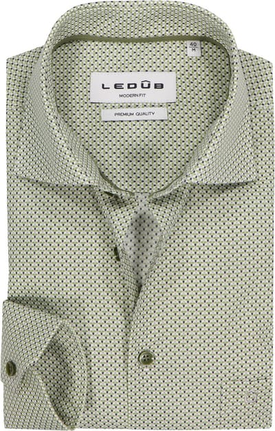 Ledub modern fit overhemd - mouwlengte 72 cm - popeline - wit met groen en blauw dessin - Strijkvriendelijk - Boordmaat: 38 (EU maat: S)