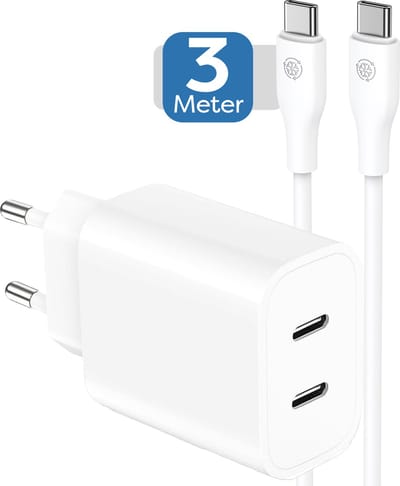 Usb-C Power Adapter 40w 3 Meter Set - Super Fast Charger - Dual Charging - Dubbele usb-C Snellader - Usb C oplader voor smartphone / tablet / laptop / gsm / e-reader / mobiele telefoon