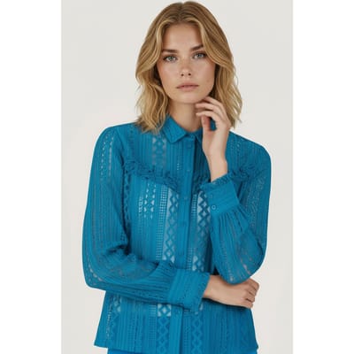 EsQualo Blouse Lace Puff Slve Petrol Maat: 36 | Longsleeves Outlet | Dames | Blauw