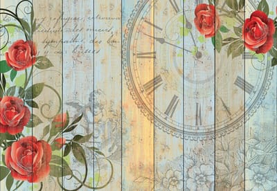 Fotobehang Roses Clock Wood Planks Vintage | XXXL - 416cm x 254cm | 130g/m2 Vlies