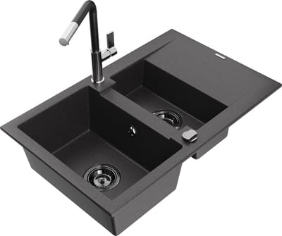Mexen Gaspar granieten spoelbak met 1,5 kamers, afdruiprek en keukenmengkraan Flora, zwart gespikkeld - 6507-76-670401-07-B