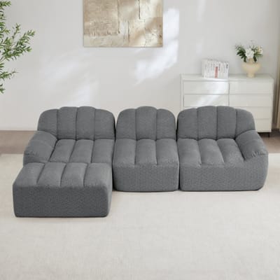 3-zits L-vormige modulaire sofa zonder frame – schelpvormig – diepe zitting – inclusief 1 voetenbankje, woonkamersofa – kant-en-klaar – grijs