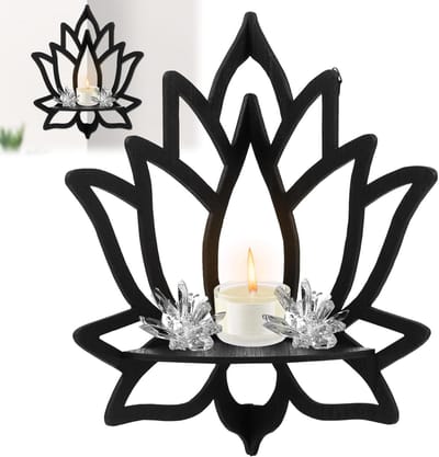 VHV - Wandplank - Hoekplank - Zwevende plank - Lotus vorm - Houten wanddecoratie - Voor kristallen, edelstenen en yoga - Meditatie decoratie - 29*23cm - Mat zwart