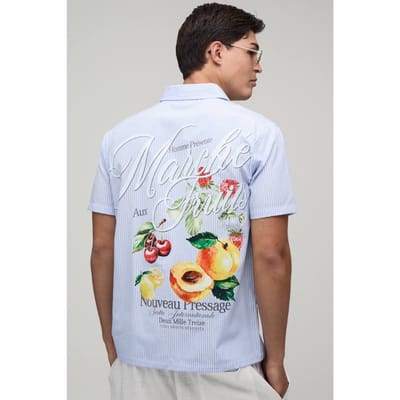 Boxy Crop Shirt Met Streeprug En Fruitprint En Korte Mouwen | Blue | Size XS