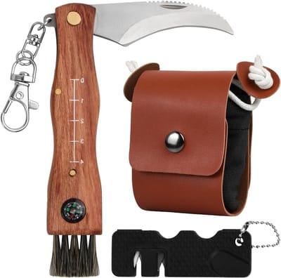 Vouwmes met Borstel en Liniaal, Inclusief Canvas Bushcraft Tas, Scherpsteen en Sleutelhanger voor Paddenstoelenverzameling en Buitenactiviteiten