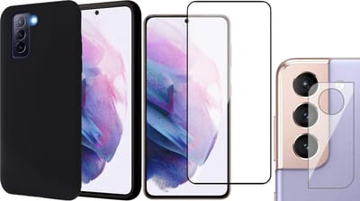 Hoesje geschikt voor Samsung Galaxy S21 FE - Matte Back Cover Microvezel Siliconen Case Hoes Zwart - Full Tempered Glass Screenprotector - Camera Lens Protector
