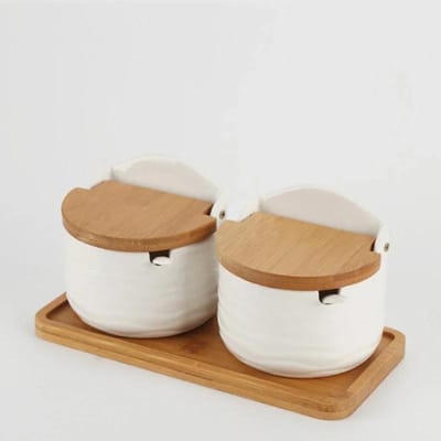 Ensemble de pots à épices en céramique avec couvercle en bois et plateau en bambou, pot d'assaisonnement avec cuillères, récipient de stockage pour sucre, sel et épices, pot d'assaisonnement