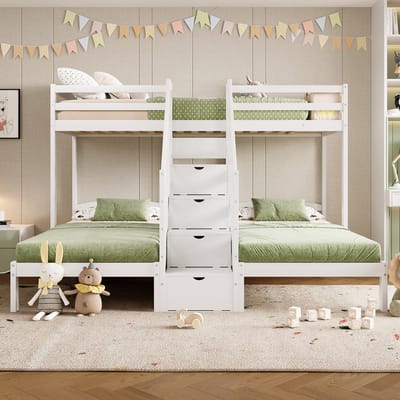 Stapelbed - 90 x 200 cm - 3 slaapplaatsen - grenen - Opbergladder met lades - leuning - zonder matras - wit