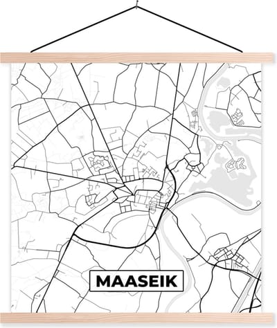 Posterhanger incl. Poster 40x40 cm - Schoolplaat - Stadskaart – Plattegrond – België – Zwart Wit – Maaseik – Kaart - Textielposter - Blanke latten - Stadskaart