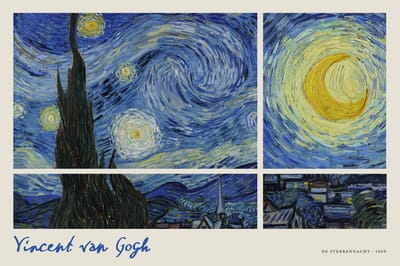 Poster 30x20 cm - Sterrennacht - Vincent van Gogh - Blauw - Geel - Beige - Klassiek - Postimpressionisme - Wanddecoratie