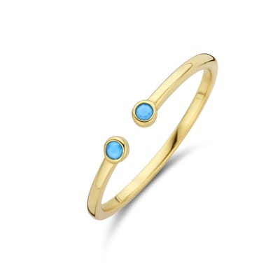 New Bling 9NB-0745-50 Zilveren Ring - Dames - Open - Twee Steentjes - Turkoois - 2,6 mm Doorsnee - Maat 50 - Zilver - Gold plated (Verguld/Goud op Zilver)