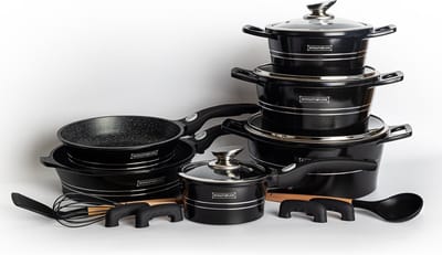 Royalty Line® ES2014 Inductie Pannenset - Compleet 17 Delige Pannensets - Afneembare Handvaten - Ovenbestendig - PFOA & PTFE Vrij - Pannen Voor Alle Warmtebronnen - Antiaanbaklaag - Pan Met Deksels - Zwart