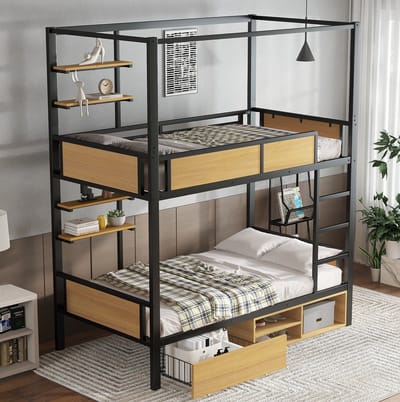 MEUNIQ Stapelbed 90x200 cm met trap, uitvalbeveiliging, dubbele opbergplank, bedlades en opbergruimte onder bed voor kinderkamer, zwart en naturel