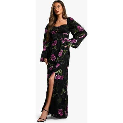 boohoo Dames Bloemen Burnout Milkmaid Maxi Jurk | Zwart | Maat: 36