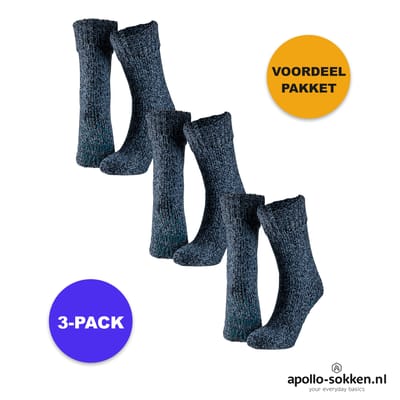 Apollo - Wollen Huissokken Unisex - 3-Pack Voordeel - Blauw - Maat 39/42 - Huissokken - Wintersokken antislip
