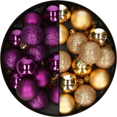 Decoris kleine kerstballen - 28x st - goud en paars - 3 cm - kunststof