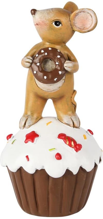 Dekoratief | Muisje staand op cupcake, bruin/wit, resina, 8x8x17cm | A255227