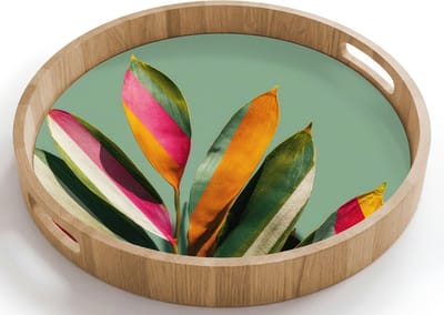 Dienblad rond 40x40 cm - Schootdienblad hout - Bladeren - Tak - Kleurrijk - Borrelplank rechthoek - Plateau houten dienbladen